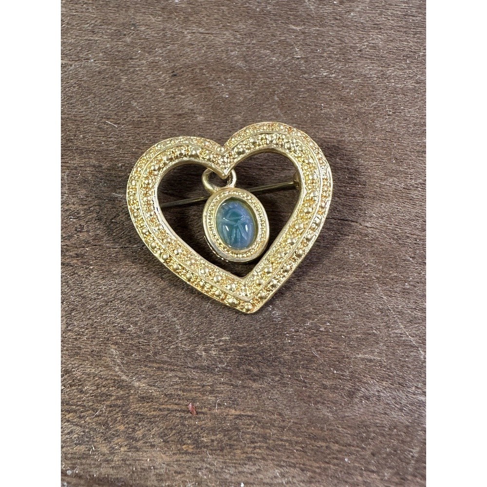 Vintage Heart‎ Pin Brooch 90s Genuine Carved Scarab Semi Precious Stone - Picture 9 of 10